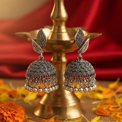 Oxidized Silver Twin-Leaf Textured Jhumka Earrings