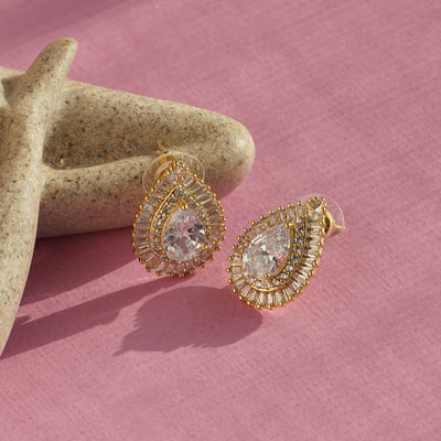 Women’s Clear Pear-Cut CZ Teardrop Stud Earrings | Gold Plated Double Halo Statement Studs