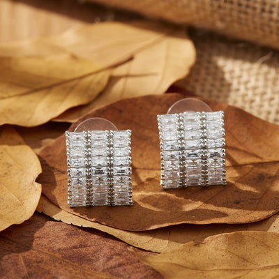 Silver-Plated Baguette Cubic Zirconia Curved Stud Earrings