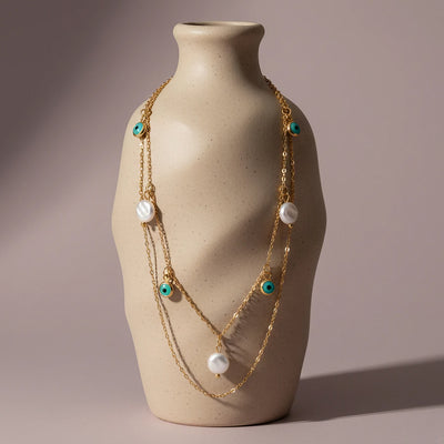 Gold Layered Evil Eye & Pearl Chain Necklace
