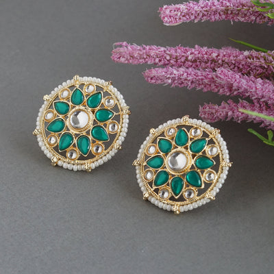 Women’s Emerald Green Kundan Stud Earrings | Gold Plated Round Floral Pearl Border Studs