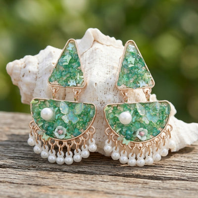 Green/PINK Mosaic Chandelier Pearl Earrings