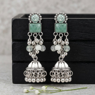 Antique Silver Green Jhumka Earrings