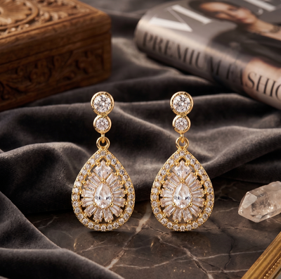 Golden Aura Baguette American Diamond Drop Earrings