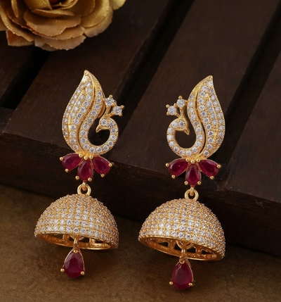 Peacock Majesty Ruby Red American Diamond Jhumkas
