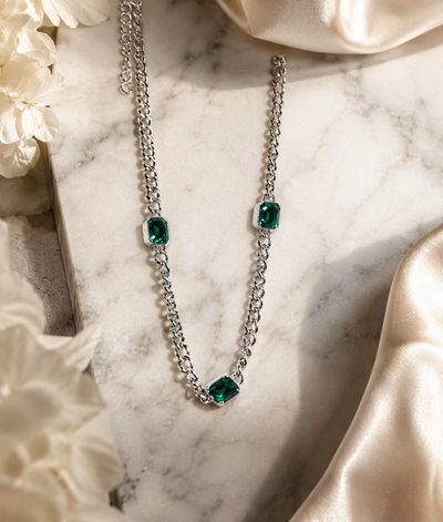 Silver Curb Chain Emerald Stone Necklace