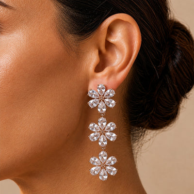 Trio Bloom American Diamond Long Drop Earrings