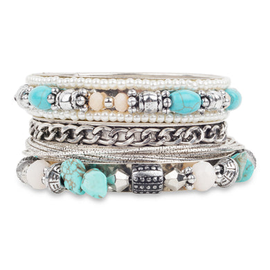 Bunch of bohemian silver bangles with big blue rocks