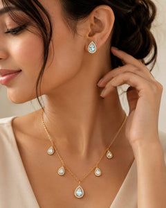Gold-Plated American Diamond Teardrop Necklace Set with Matching Earrings