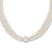 Load image into Gallery viewer, Three-Strand Faux Pearl Necklace with Crystal-Paved Sphere Centerpiece