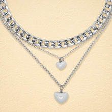 Load image into Gallery viewer, Silver-Toned Layered Cuban Chain &amp; Heart Pearl Pendant Necklace