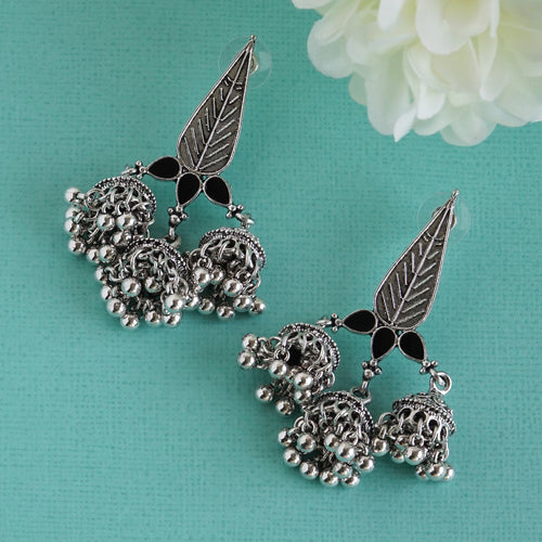 Oxidised Silver Leaf Motif Triple Jhumka Earrings with Green Accents