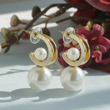 Load image into Gallery viewer, Golden Crescent Pearl Drop Earrings With Inset Pearls