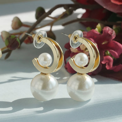 Golden Crescent Pearl Drop Earrings With Inset Pearls