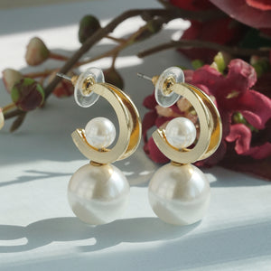 Golden Crescent Pearl Drop Earrings With Inset Pearls