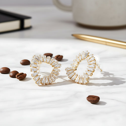 Gold-Plated Baguette American Diamond Heart Stud Earrings