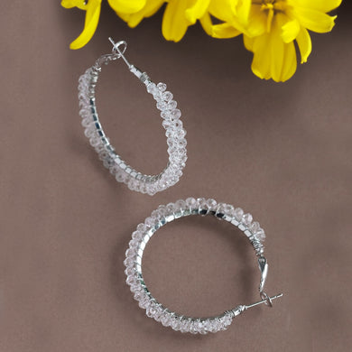 TRIBAL ZONE SLIVER  TRANDISH WHITE BEADS HOOP EARRING