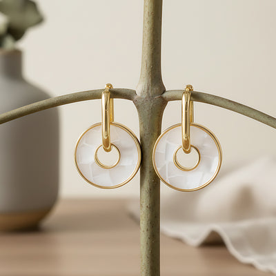 Gold-Plated Circular Mother-of-Pearl Drop Earrings