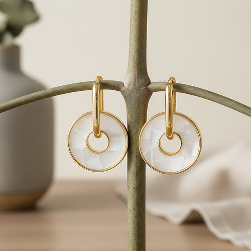 Gold-Plated Circular Mother-of-Pearl Drop Earrings