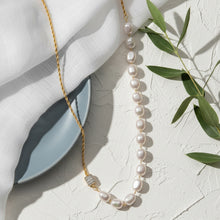 Load image into Gallery viewer, Gold Baroque Pearl Necklace with Pave Clasp
