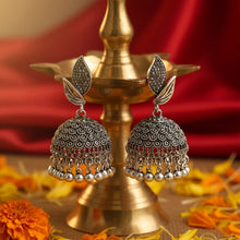 Load image into Gallery viewer, Oxidized Silver Twin-Leaf Textured Jhumka Earrings