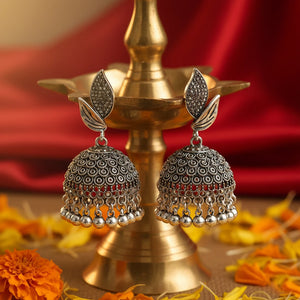 Oxidized Silver Twin-Leaf Textured Jhumka Earrings