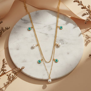 Gold Multi-Strand Evil Eye & Pearl Necklace