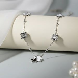 Silver Butterfly & Flower Charm Necklace