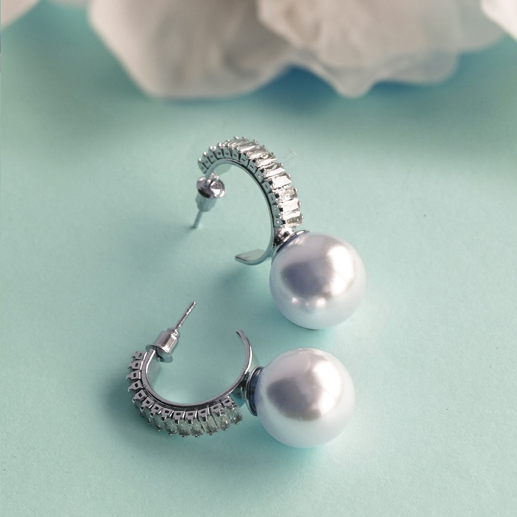 TRIBAL ZONE SILVER  STUNNING  CZ STONE C HOOP PEARL DROP EARRING