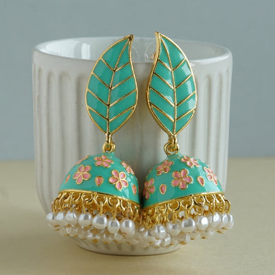 TRIBAL ZONE  PREETY GREEN LEAF JHUMKA EARRING