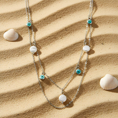 Silver Layered Evil Eye & Pearl Chain Necklace