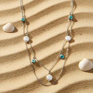 Silver Layered Evil Eye & Pearl Chain Necklace