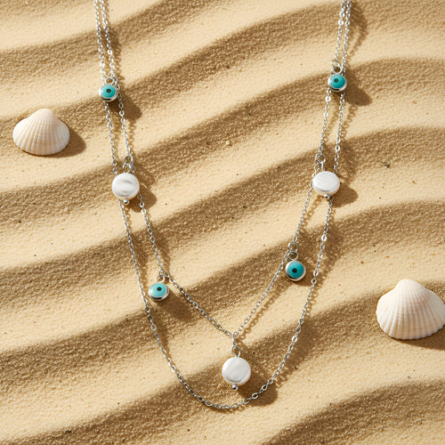 Silver Layered Evil Eye & Pearl Chain Necklace