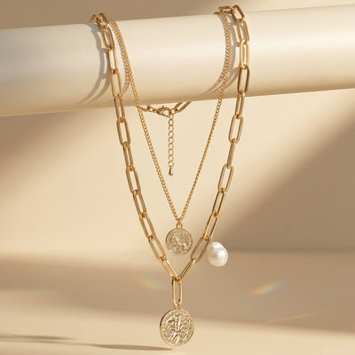 Gold-Plated Layered Paperclip & Coin Pendant Necklace with Baroque Pearl Accent