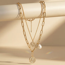 Load image into Gallery viewer, Gold-Plated Layered Paperclip &amp; Coin Pendant Necklace with Baroque Pearl Accent