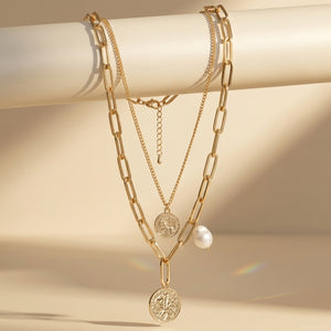 Gold-Plated Layered Paperclip &amp; Coin Pendant Necklace with Baroque Pearl Accent