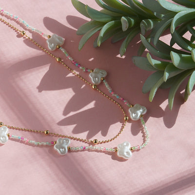 Women’s Double Layer Pearl Charm Necklace | Pastel Seed Bead & Gold Ball Chain Layered Choker
