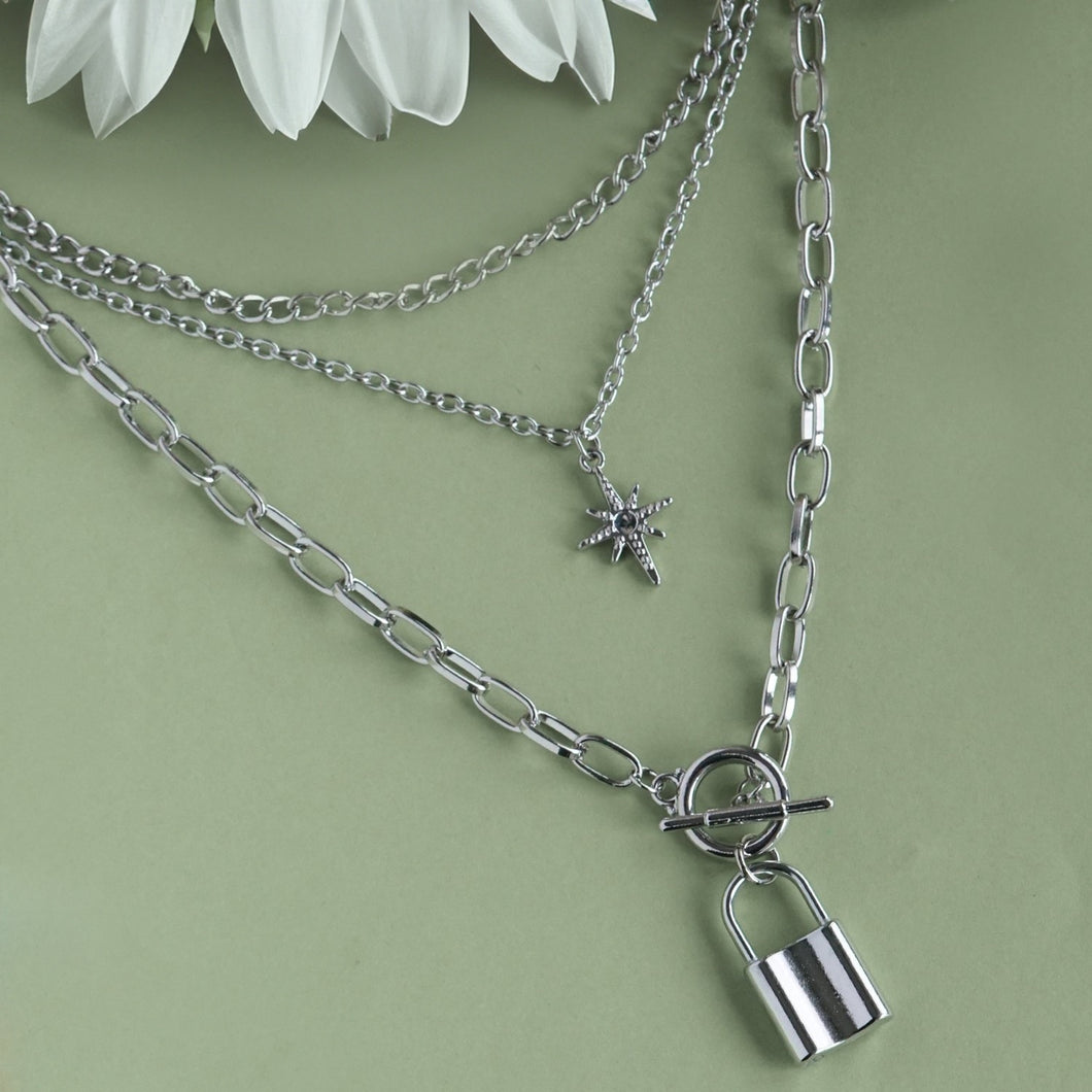 TRIBAL ZONE ELEGANT THREE LAYERS SILVER NECKLACE CHAIN