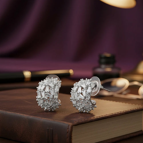 Silver-Plated Cubic Zirconia Cluster Half Hoop Earrings