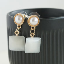 Load image into Gallery viewer, Pearl &amp; Cat's Eye Square Drop Earrings