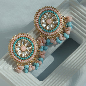 Women’s Pastel Beaded Kundan Stud Earrings | Round Floral CZ Studs with Beaded Clusters