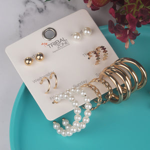 TRIBAL ZONE Golden 7 Pair Earrings Set for the Week With Pearl and Metal Hoops
