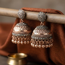 Load image into Gallery viewer, Antique Rose Gold Jhumka Earrings with Crystal Studs