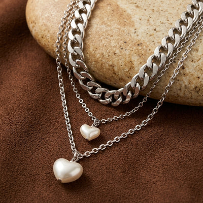 Silver-Toned Layered Cuban Chain & Heart Pearl Pendant Necklace