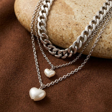 Load image into Gallery viewer, Silver-Toned Layered Cuban Chain &amp; Heart Pearl Pendant Necklace