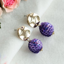 Load image into Gallery viewer, Gold Disc Purple Sequin Ball Drop Earrings