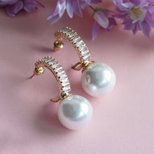 Load image into Gallery viewer, TRIBAL ZONE GOLDEN  STUNNING  CZ STONE C HOOP PEARL DROP EARRING