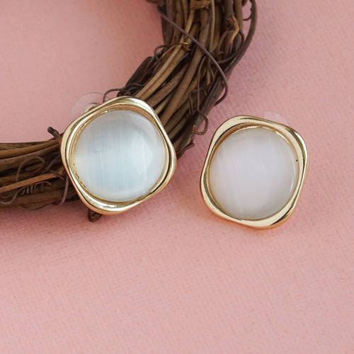 Gold Organic Frame White Cat-Eye Stud Earrings