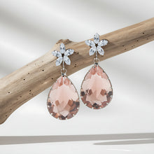 Load image into Gallery viewer, Rhodium-Plated Royal Blue Crystal Teardrop Drop Earrings with American Diamond Floral Studs