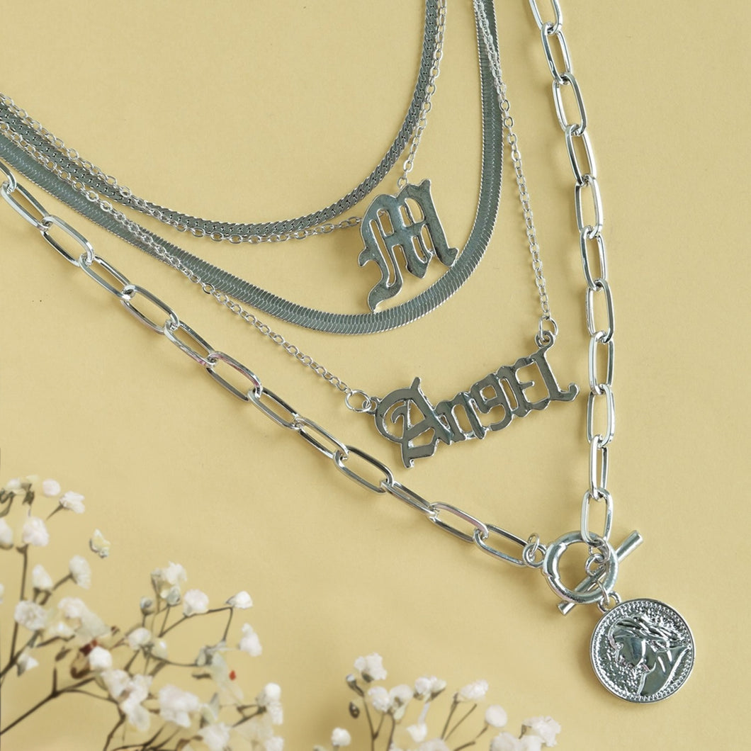 TRIBAL ZONE BOLD 5 LAYERS SILVER  NECKLACE CHAIN